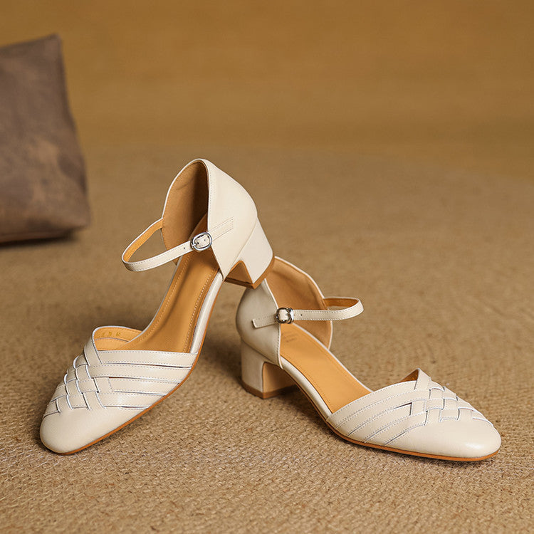 Women's Style Woven Closed Toe Hollowed Summer Round Buckle High Heeled Sandals