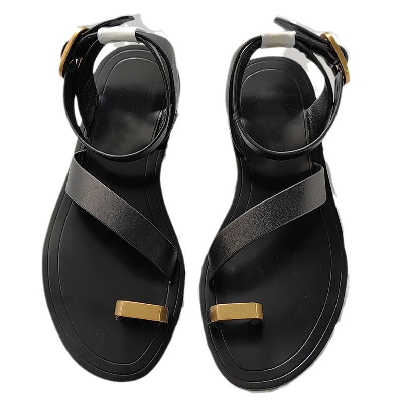Women's Summer Top Layer Cowhide Toe Covering Metal Decorative Flip-flops Sandals