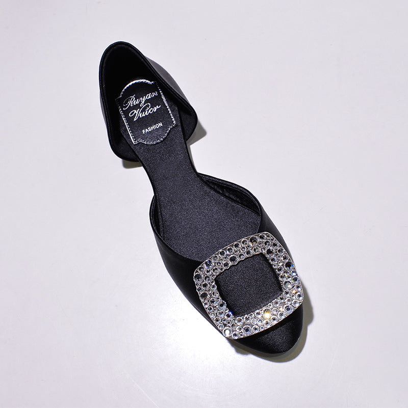 Women's Buckle Flats Hollow Rhinestone Pumps Satin Women's Shoes