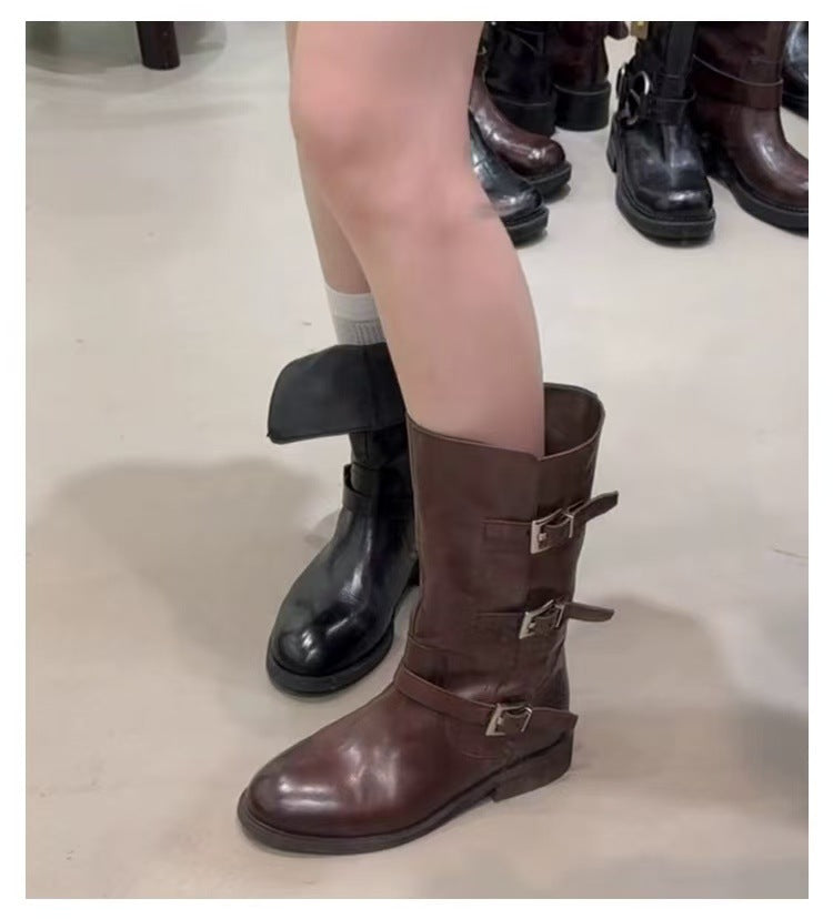 Women's Retro Belt Buckle Two-way Wear Knight Slimming Chunky Middle Round Women's Leather Boots
