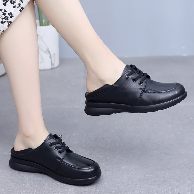 Women's Spring British Style Round Toe Flats Soft Cowhide Women's Shoes