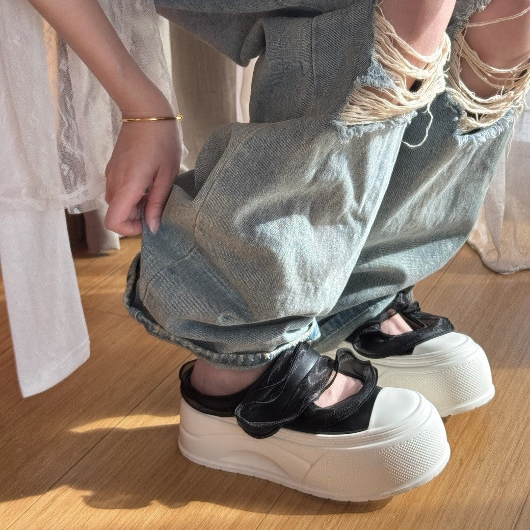 Women's Platform Net Falbala Closed Toe Half Casual Shoes