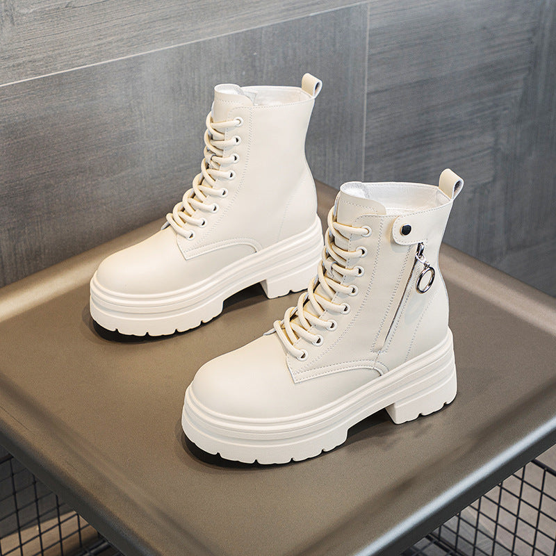Women's Martin Fleece-lined Platform Elevator Ankle British Style Women's Leather Boots