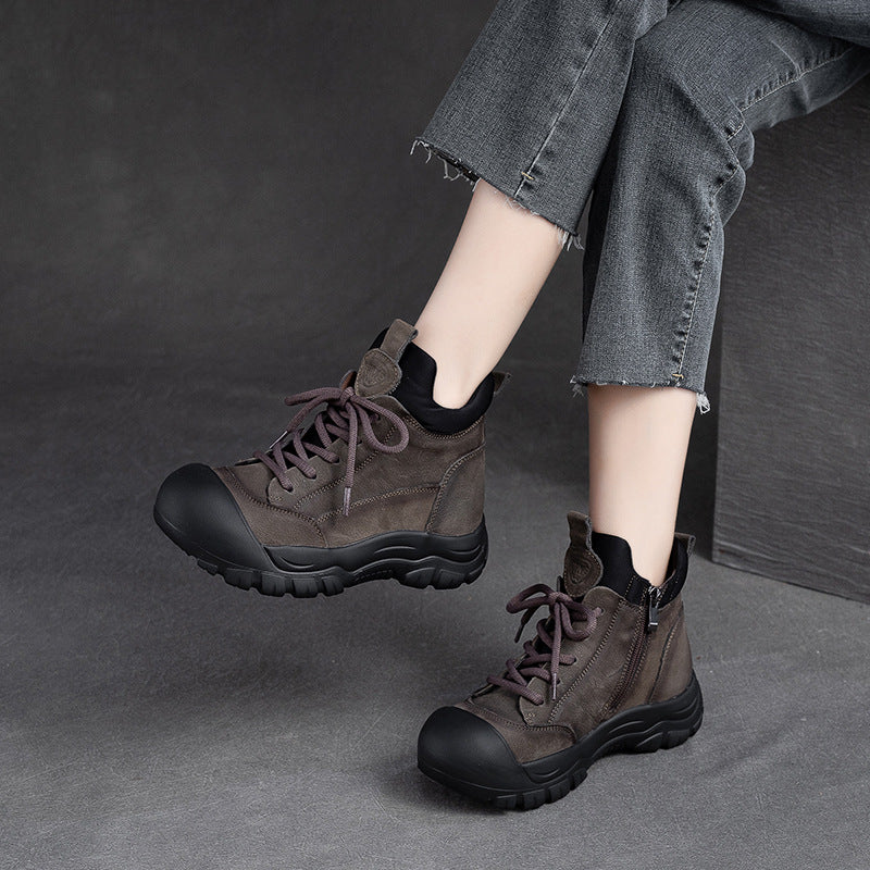 Women's Zipper Ugly Cute Ankle Thick Bottom Top Layer Cowhide Boots