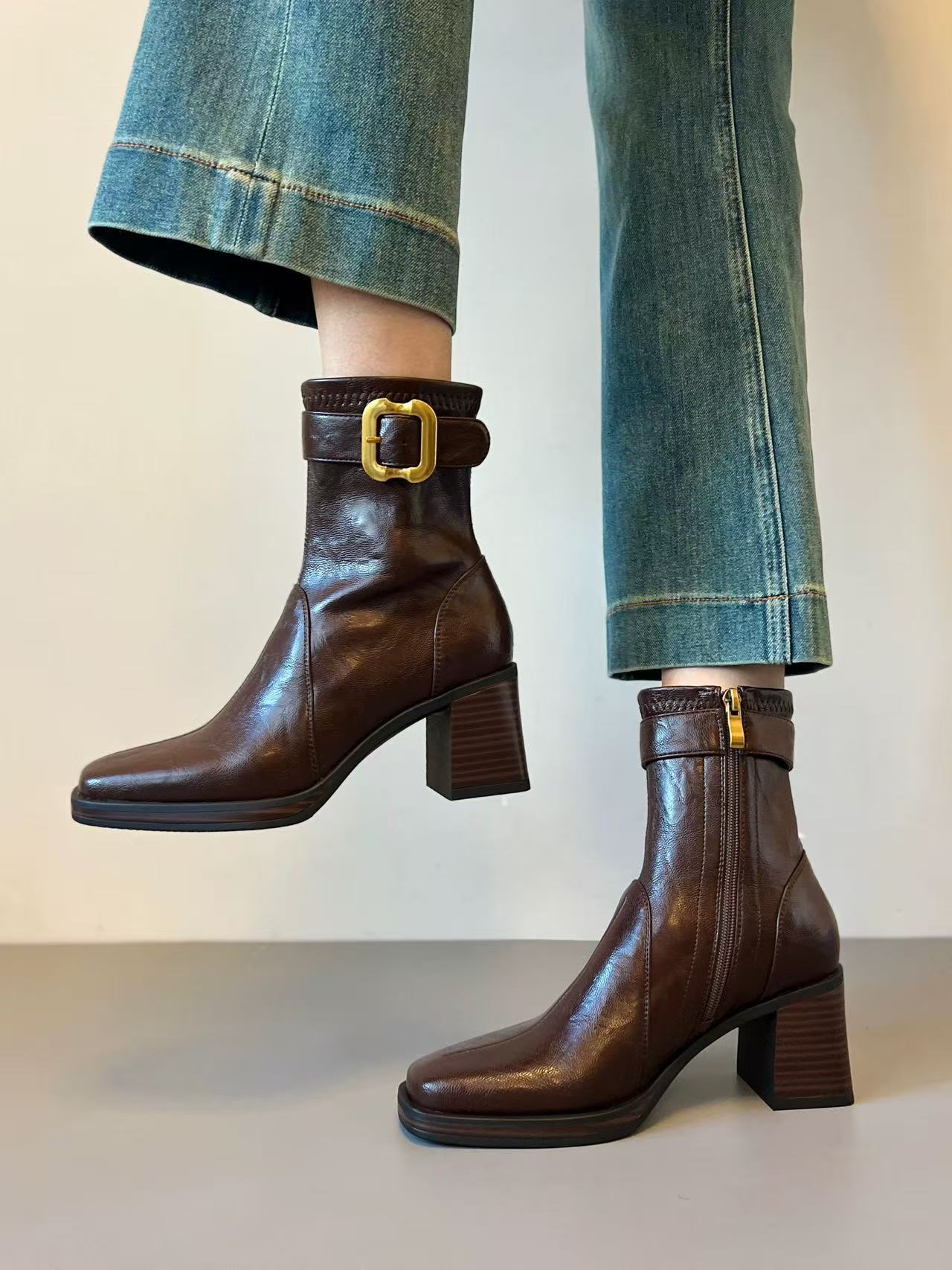 Women's Square Toe High Short Retro Chunky Women's Leather Boots