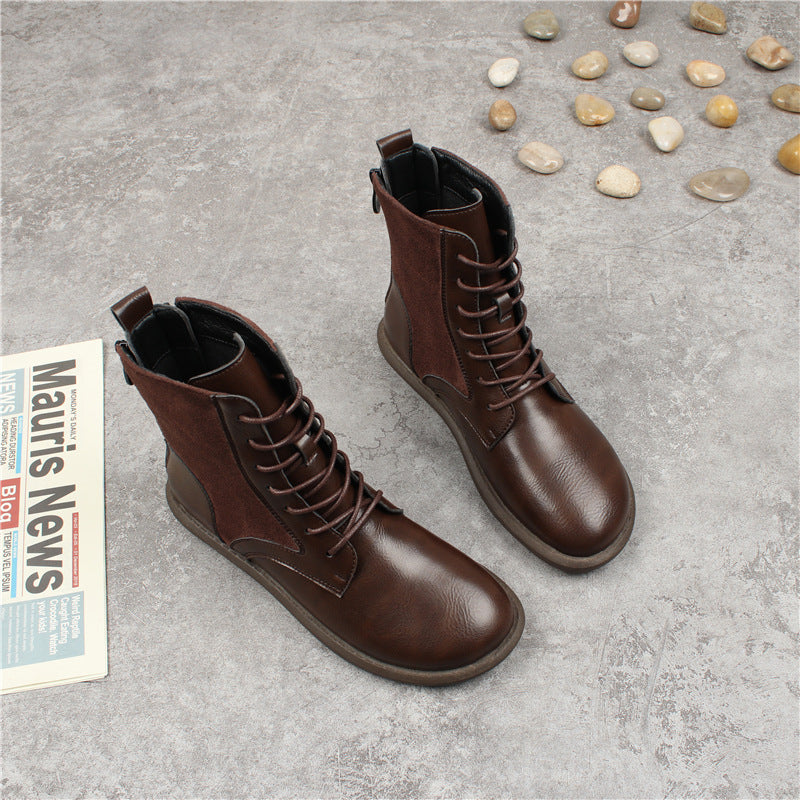 Korean Style Flat Lace Plus Veet Women's Leather Boots