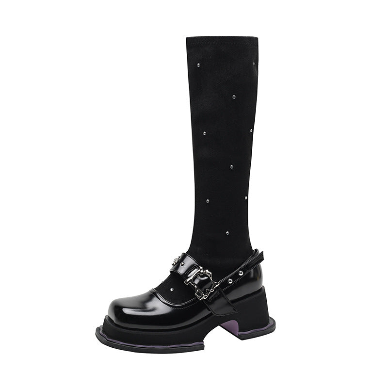 Mary Jane Suede Below The Knee Boots