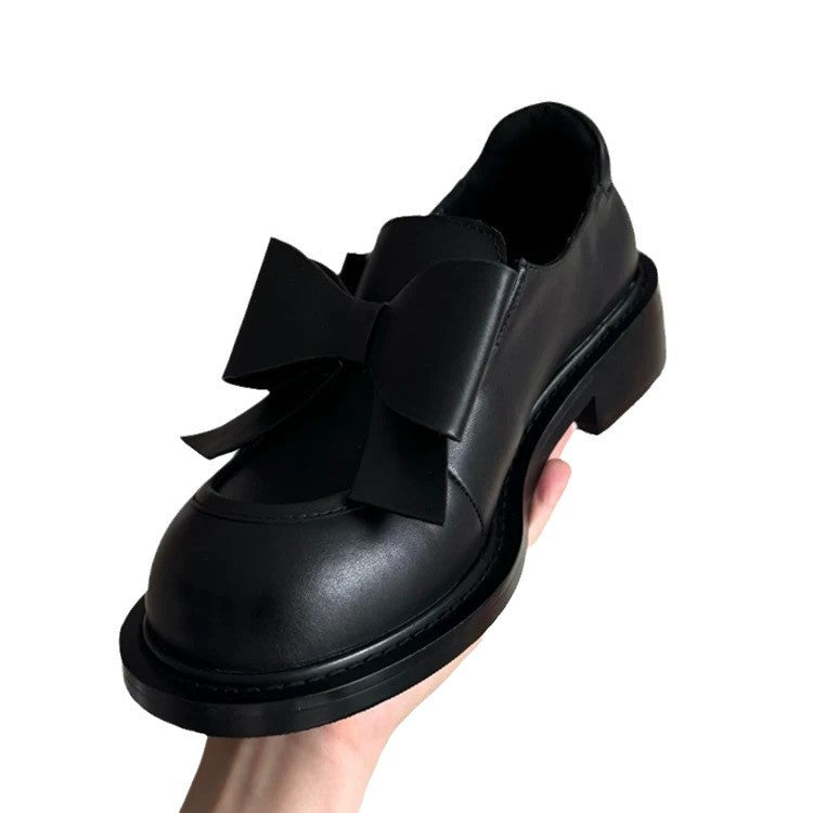 Women's Genuine Preppy Style Bow Round Toe Chunky Leather Shoes