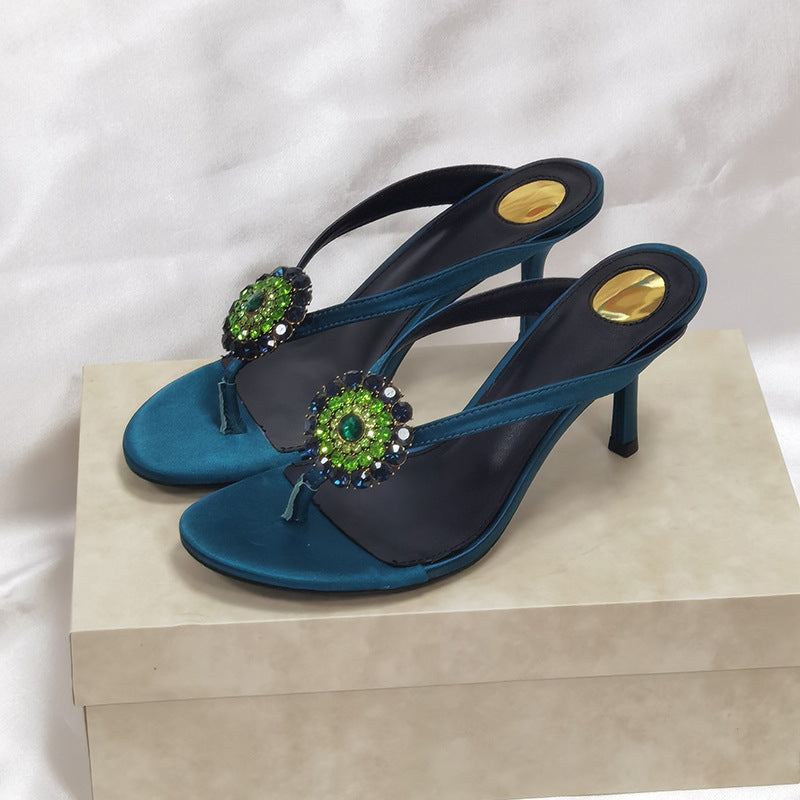 Women's Rhinestone Flower Retro Stylish Flip-flops High Heeled Sandals