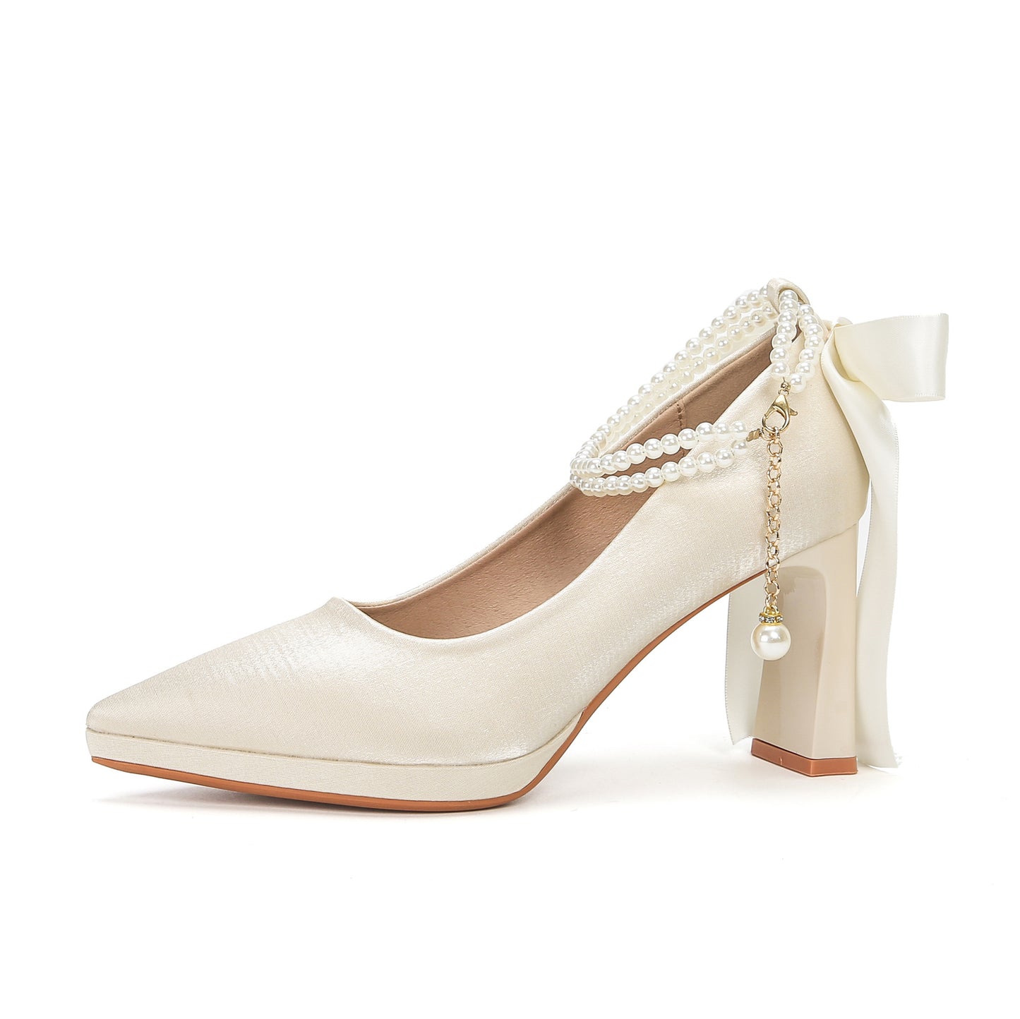 Women's French Suede Pointed Chunky High Bow Pearl Heels