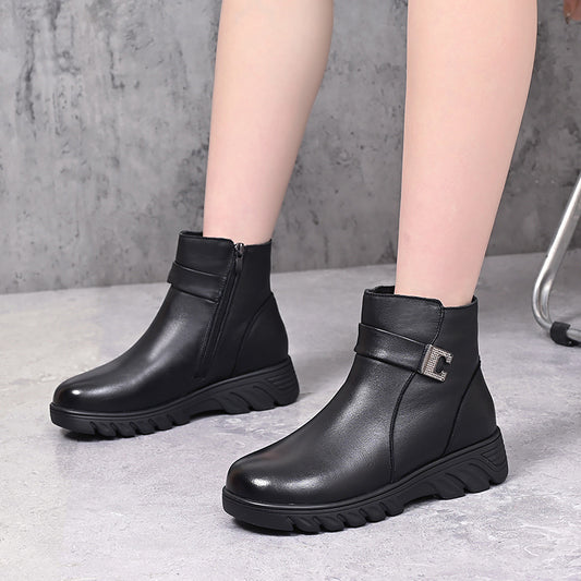 Women's Thick Top Layer Cowhide Veet Short Snow Boots