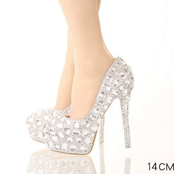 Plus Size White Rhinestone Wedding Pumps Women's Shoes