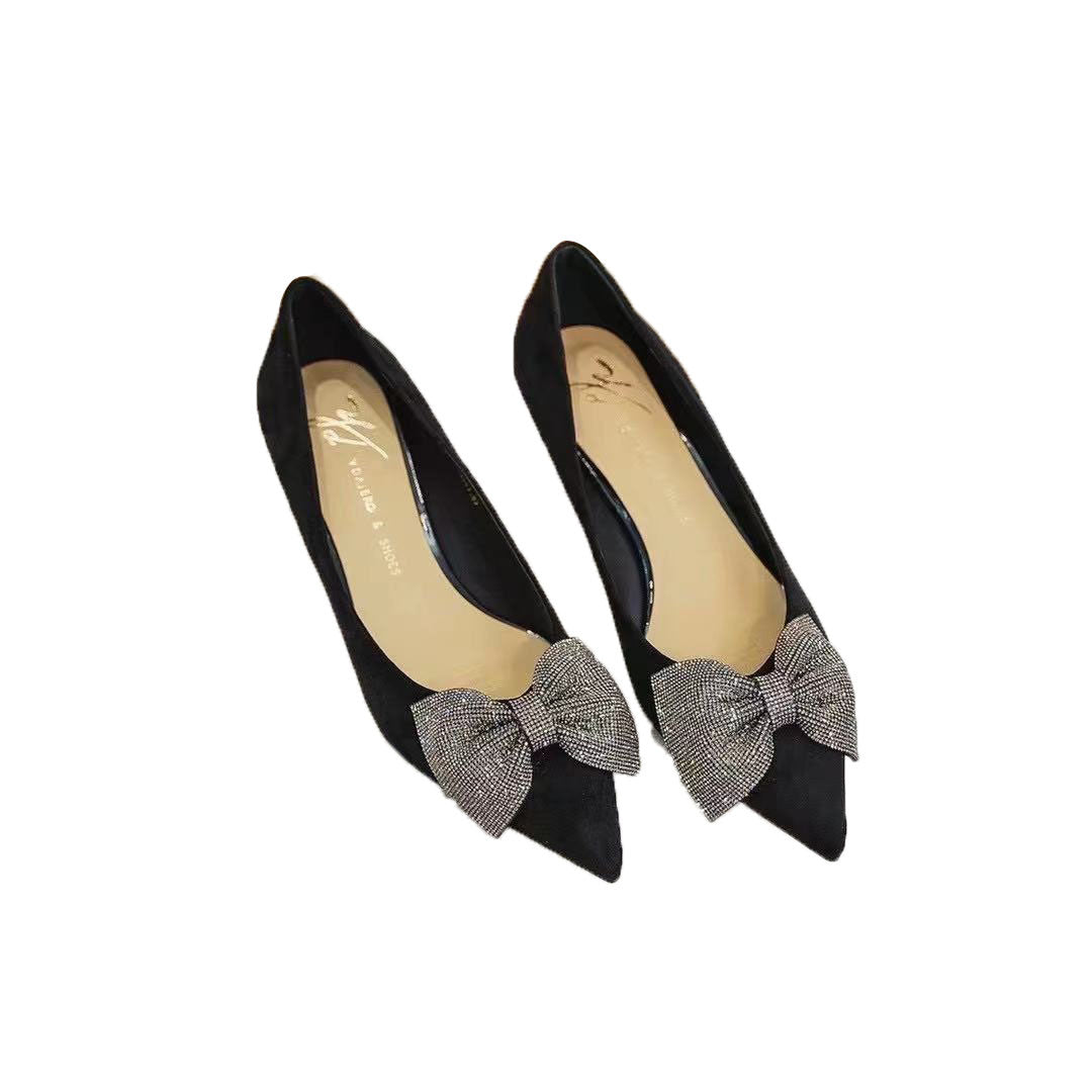 Women's Pointed Stiletto Shallow Mouth Black Bow Women's Shoes
