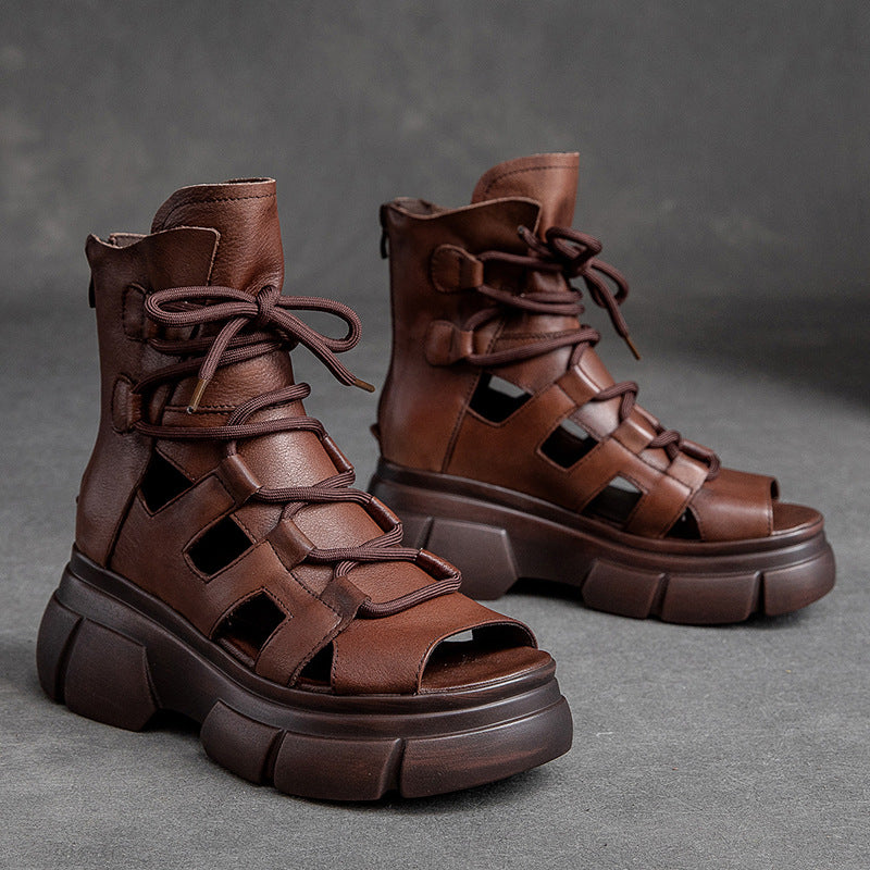 Shu Chun Thick-soled Round Toe Open Brushed Retro Style Platform Sandals