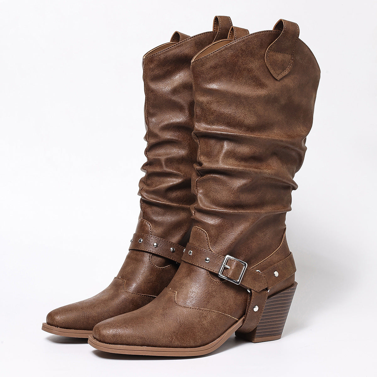 Women's Belt Buckle Square Toe Chunky Western Women's Leather Boots
