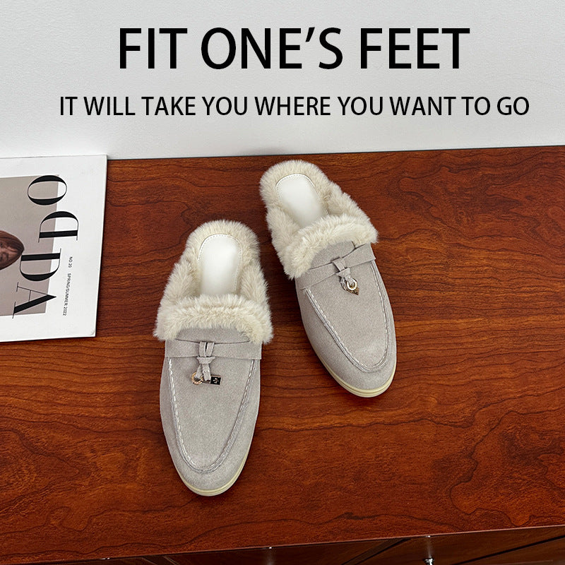 Version Fleece-lined Closed Toe Wool Flat Fur Slippers