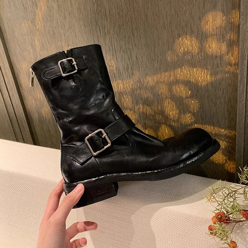 Women's Fashionable Buckle Design Martin Round Toe Boots