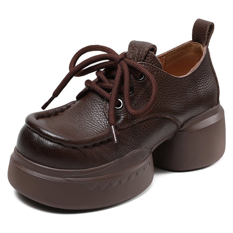 Women's Cowhide Platform Lace Up Round Toe Artistic Casual Shoes