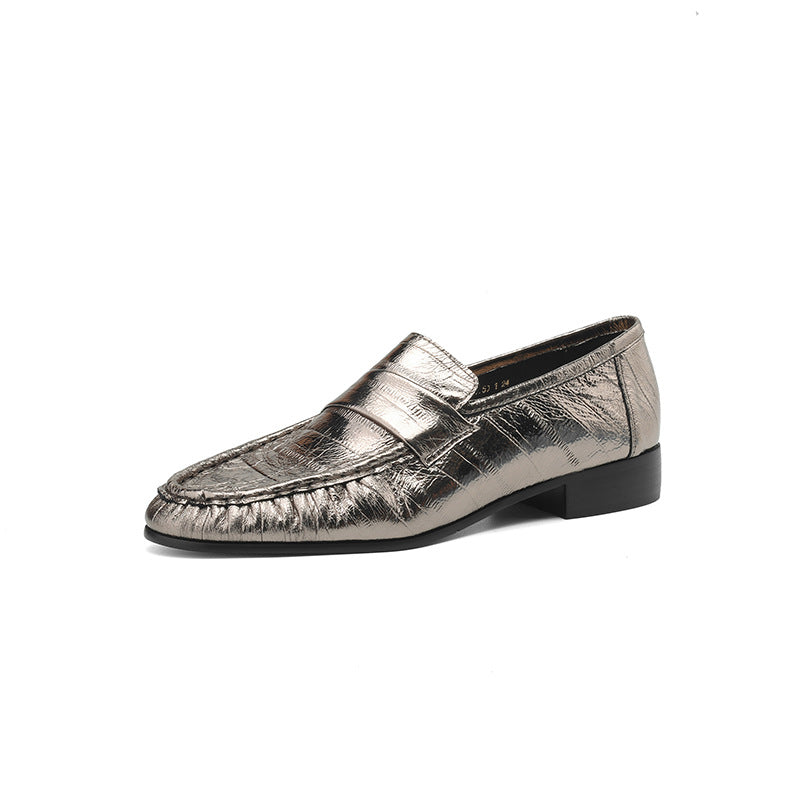 Cowhide Retro Minority Crocodile Pattern Chunky Pumps Slip-on Genuine British Women's Casual Shoes