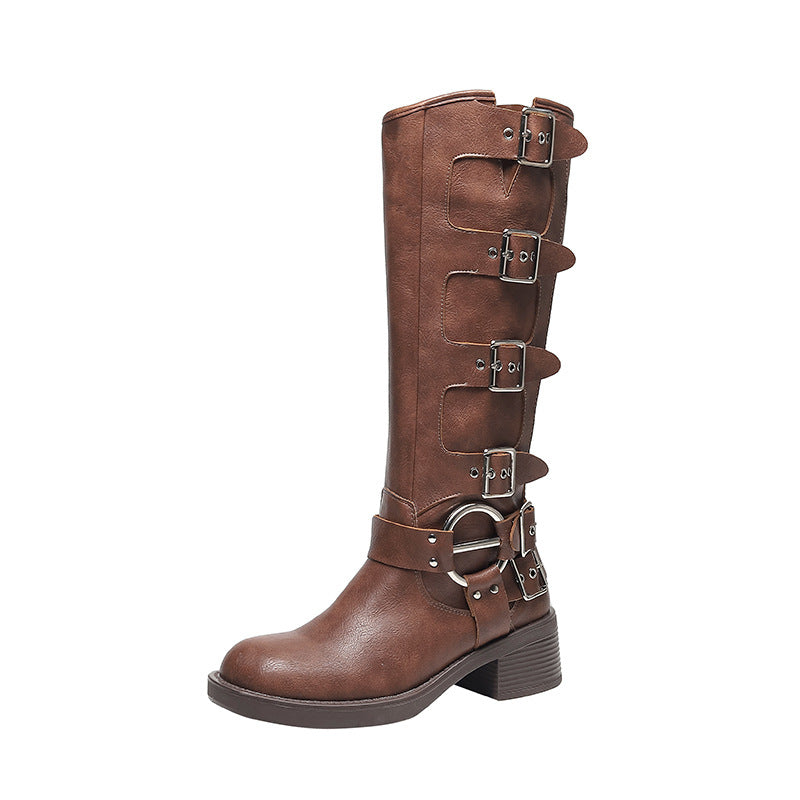 Women's Buckle Chunky Martin Below The Knee British Style Plus Boots