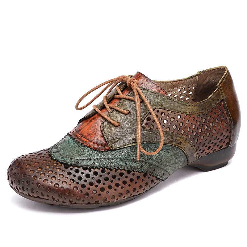 Women's Style Hand-rub Color Cowhide Hole Round Toe Comfortable Rainbow Artistic Men's Shoes