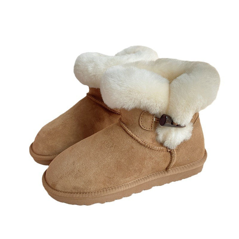 Women's Sheepskin Fur For Horn Button Warm Snow Boots