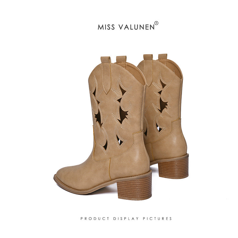 Women's Miss Warren Cowboy Pointed Toe Chunky Fashion Hollow Women's Leather Boots