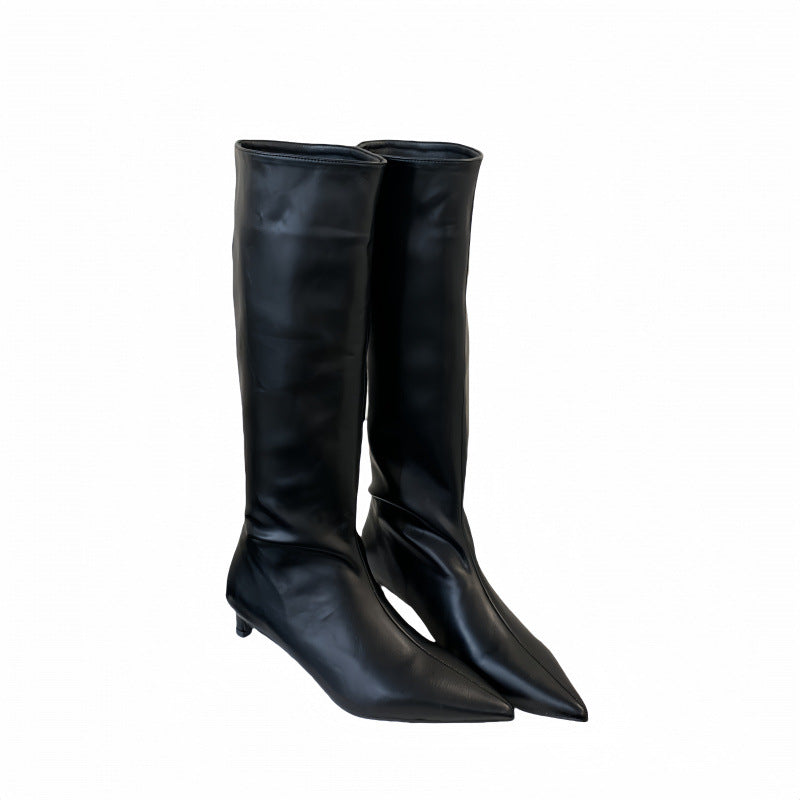 Graceful Pointed Toe High Leg Solid Women's Leather Boots