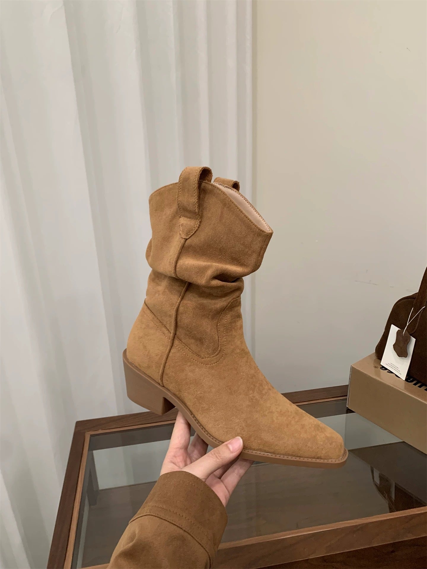 Women's Pointed Toe Chunky Booties Pile Style Western Women's Leather Boots