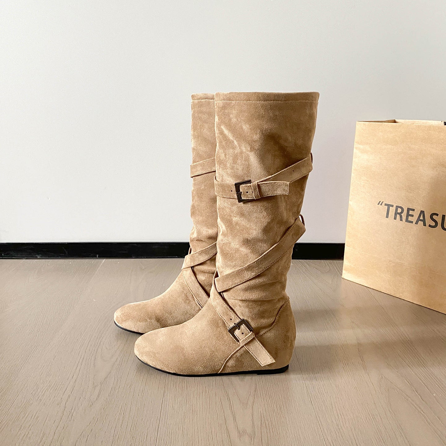 Autumn Norway Pile Style Height Increasing Insole Cross Buckle Strap Boots