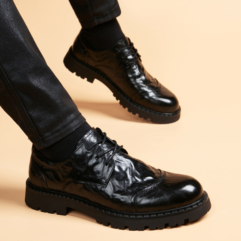 Men's Platform Business Formal Wear Round Toe Leather Shoes