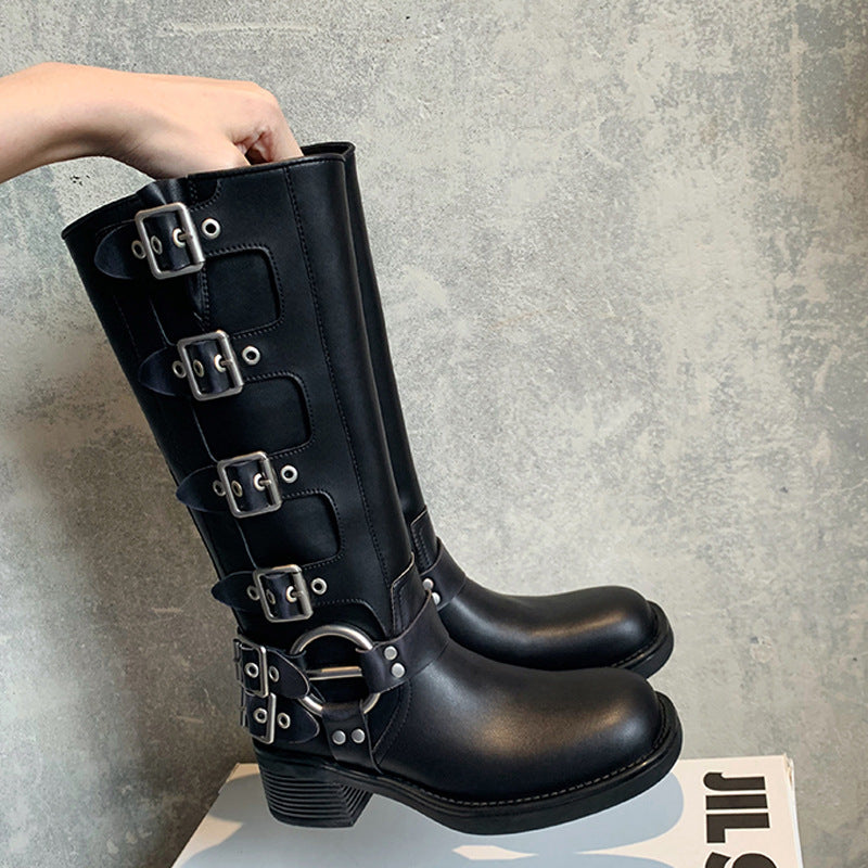 Women's Retro Round Head Ankle Ring Chunky Boots