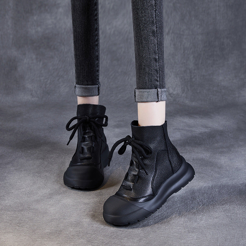 Women's Fashion Flat Top Layer Cowhide Shell Boots