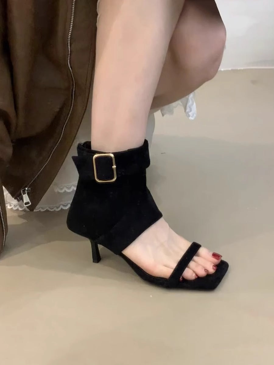 Stiletto Female Little Fairy Vintage Suede Open Toe Belt Heels