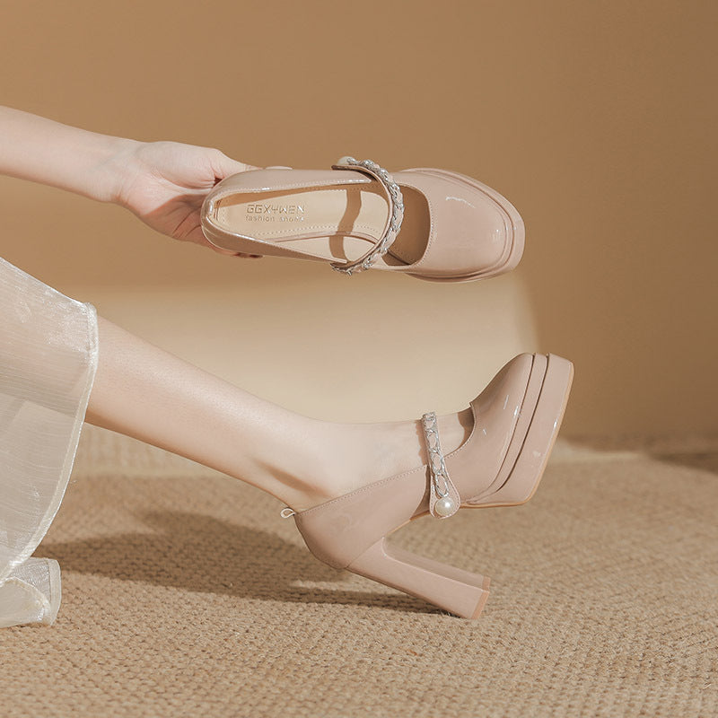 Platform Mary Jane Square Head Chunky Thick Bottom Increased Not Heels