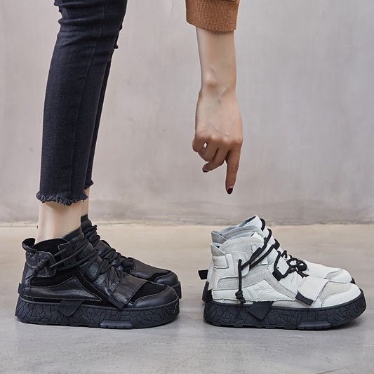 Women's Korean Style Cowhide Dad White Platform Sneakers