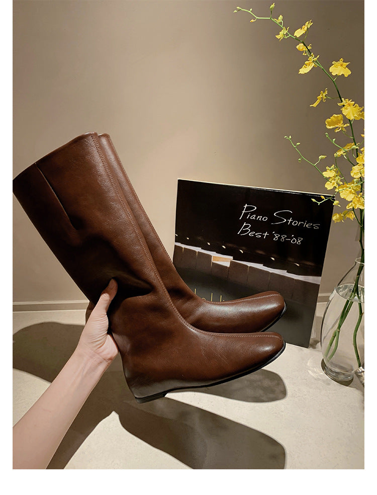 Mom Fleece-lined With Hidden Long Female Versatile Retro Head Skinny Women's Leather Boots