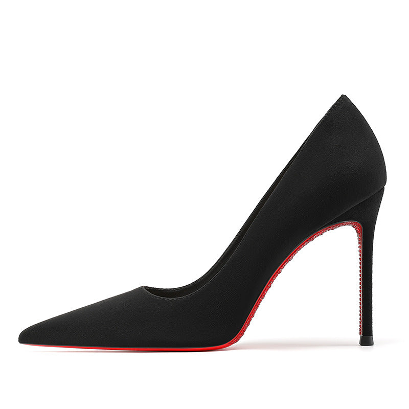 Women's Toe Black Red Background Sexy Temperament Suede Diamond Bottom Heels