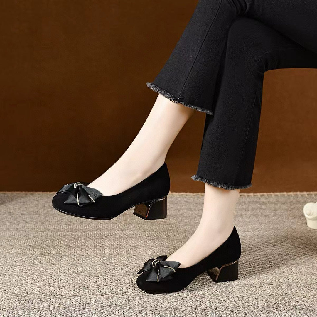 Women's Round Toe Bow Two Heights Shallow Mouth Black Single-layered Loafers