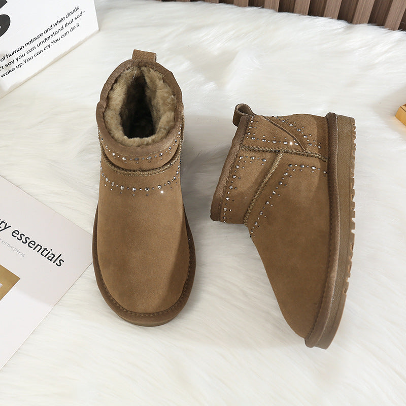 Women's Hot Drilling Round Head Plus Veet Warm Snow Boots