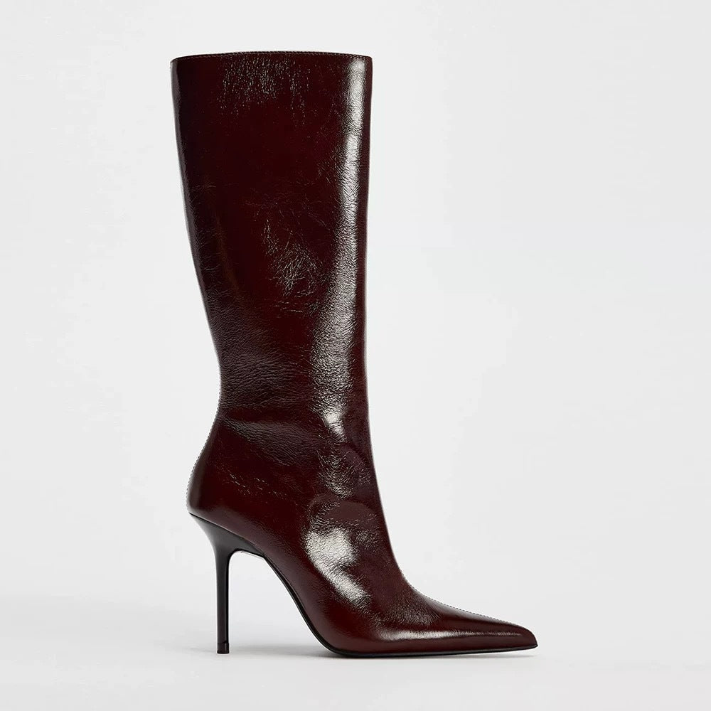 White Stiletto Sexy Pointed Toe Below The Knee Big Women's Leather Boots