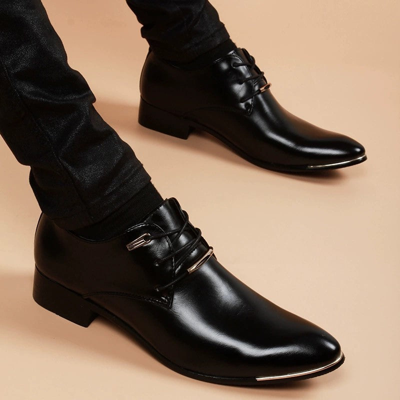Men's Green Korean Style Bright Surface Pointed Height Leather Shoes
