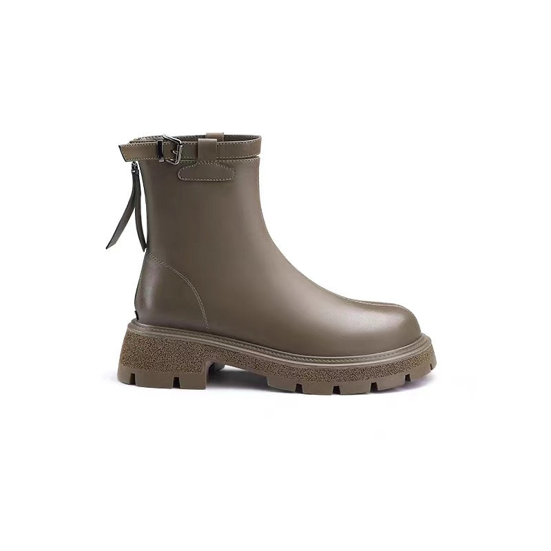 Women's Side Buckle Thick Bottom Chunky Thin Short Women's Leather Boots