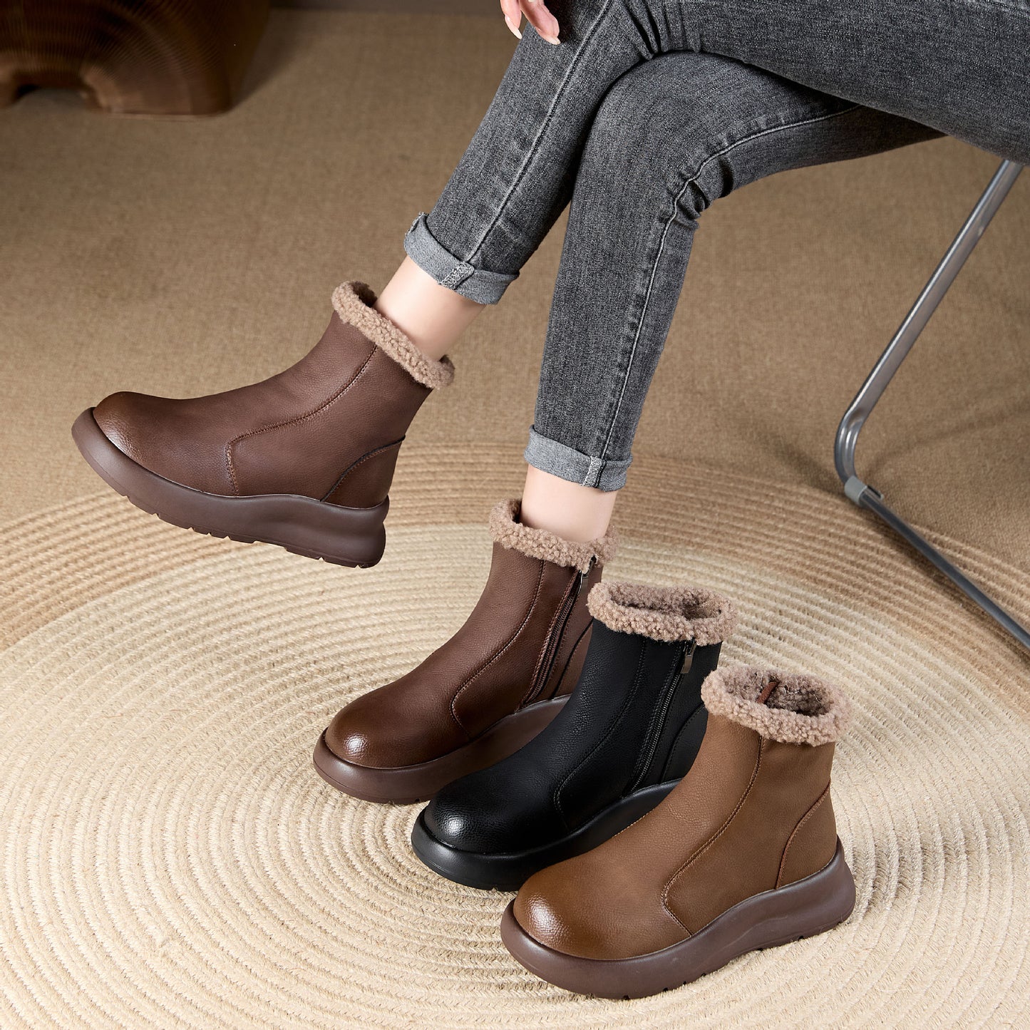 Women's Wool Thickened Warm Genuine Lightweight Retro Snow Boots