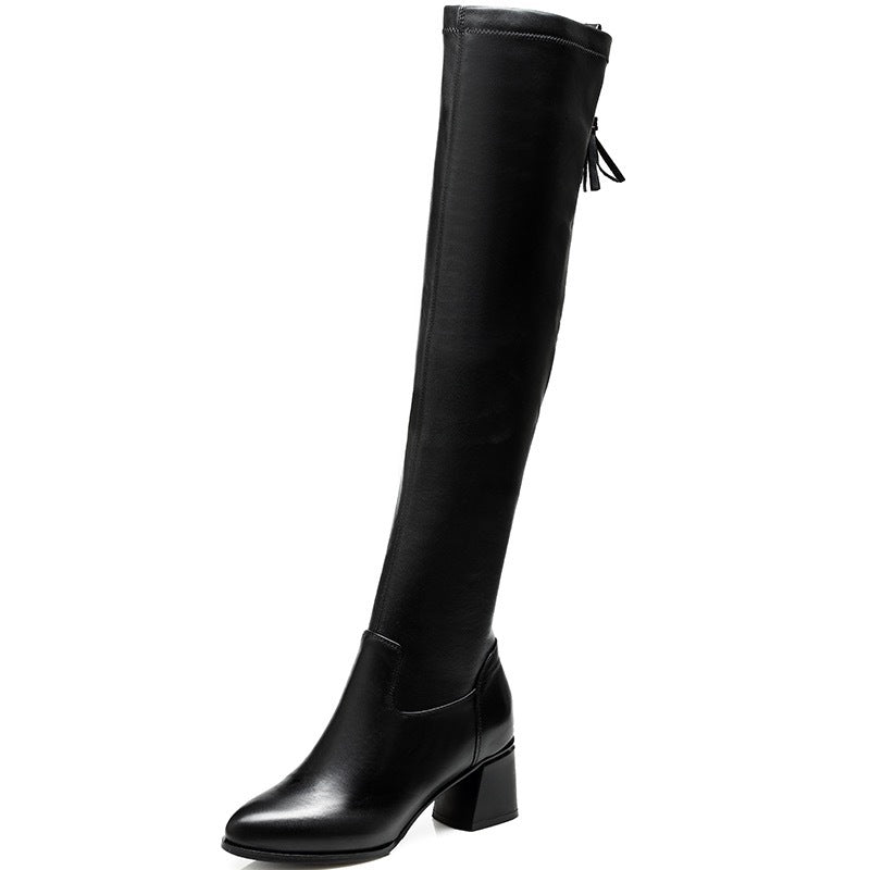 Women's Over The Knee Back Zipper Stretch Cowhide Pointed Women's Leather Boots