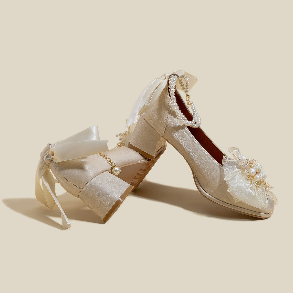Women's Bridesmaid Pearl Square Toe Chain Satin Women's Shoes