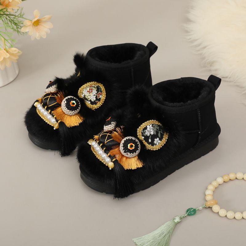 Winter Handmade Tiger Head Rabbit Fur Flat Bottom Comfort Cotton Women's Snow Boots