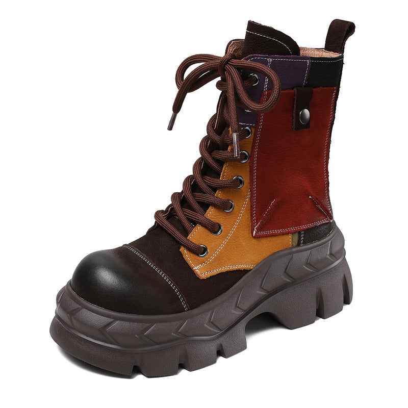 Women's Color Matching Thick Bottom First Layer Cowhide Women's Leather Boots