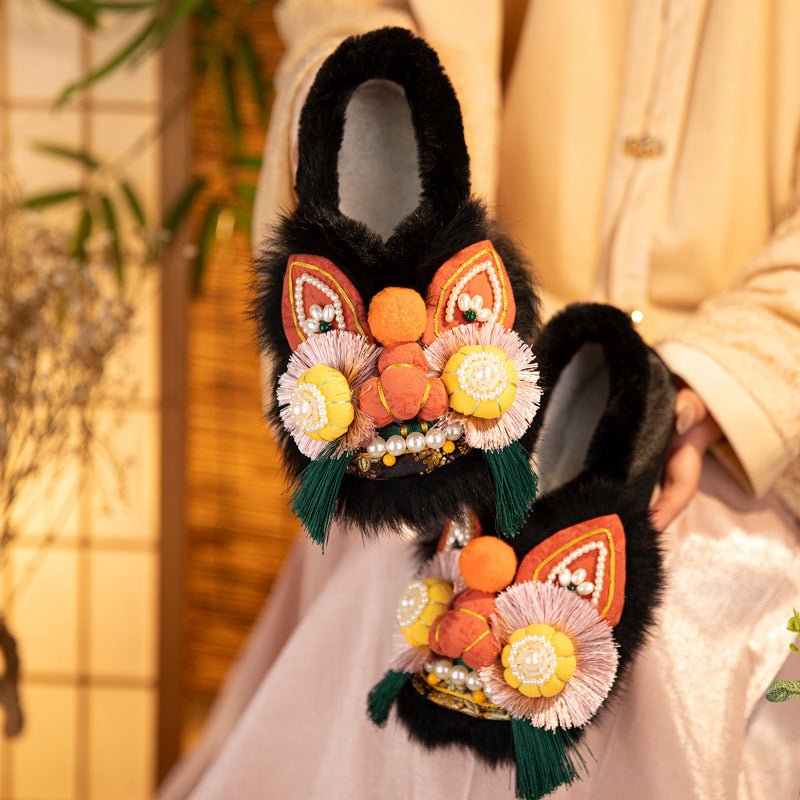 Tiger Head Simulation Rabbit Fur Flat Women's Shoes