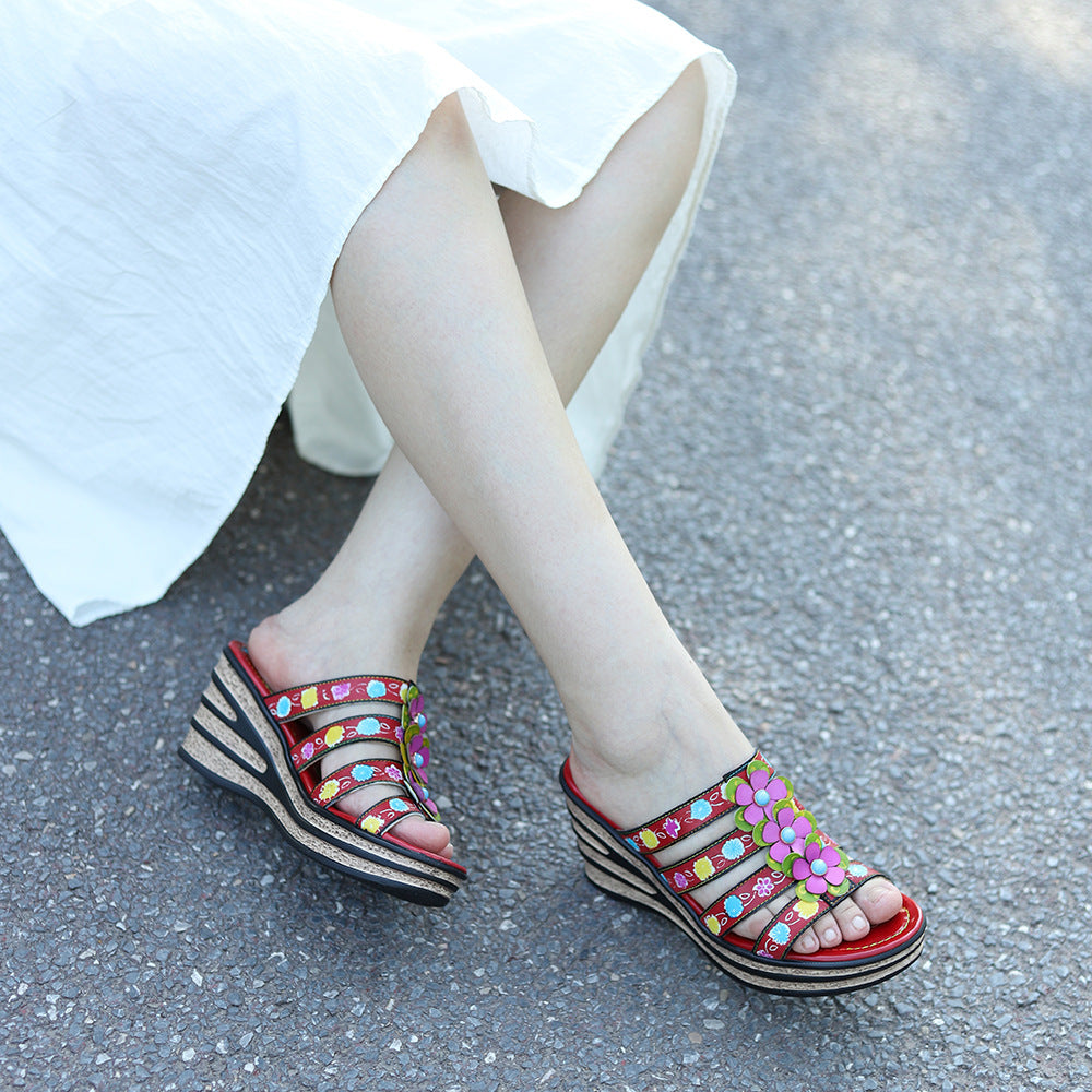 Summer Genuine Hand-rub Color Retro Flower Slippers